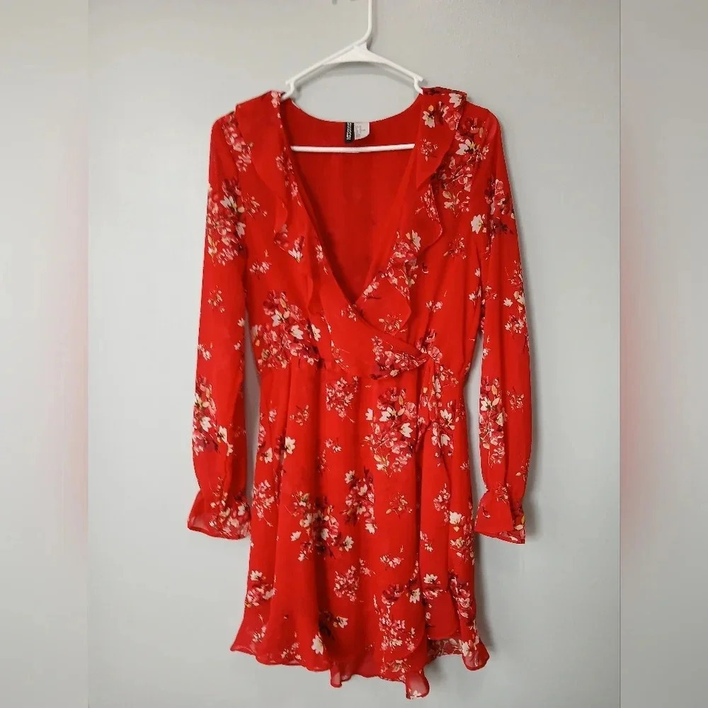 DIVIDED Floral Ruffle Midi Dress Womens Size 10 Flirty Faux Wrap - Picture 1 of 11